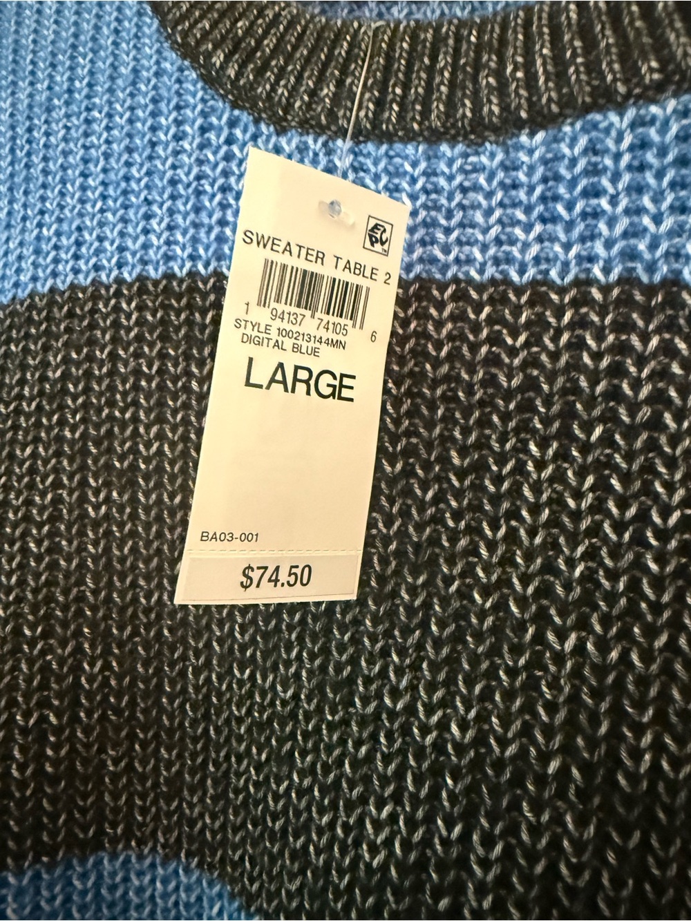 Men's Striped Crewneck Sweater in Blue, Black & Cream - Picture 3 of 4